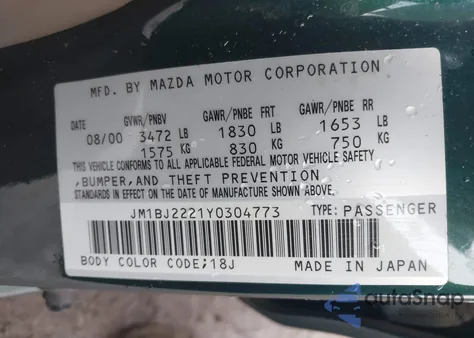 2000 Mazda Protege Dx/Lx z USA, uszkodzony, nr VIN JM1BJ2221Y0304773